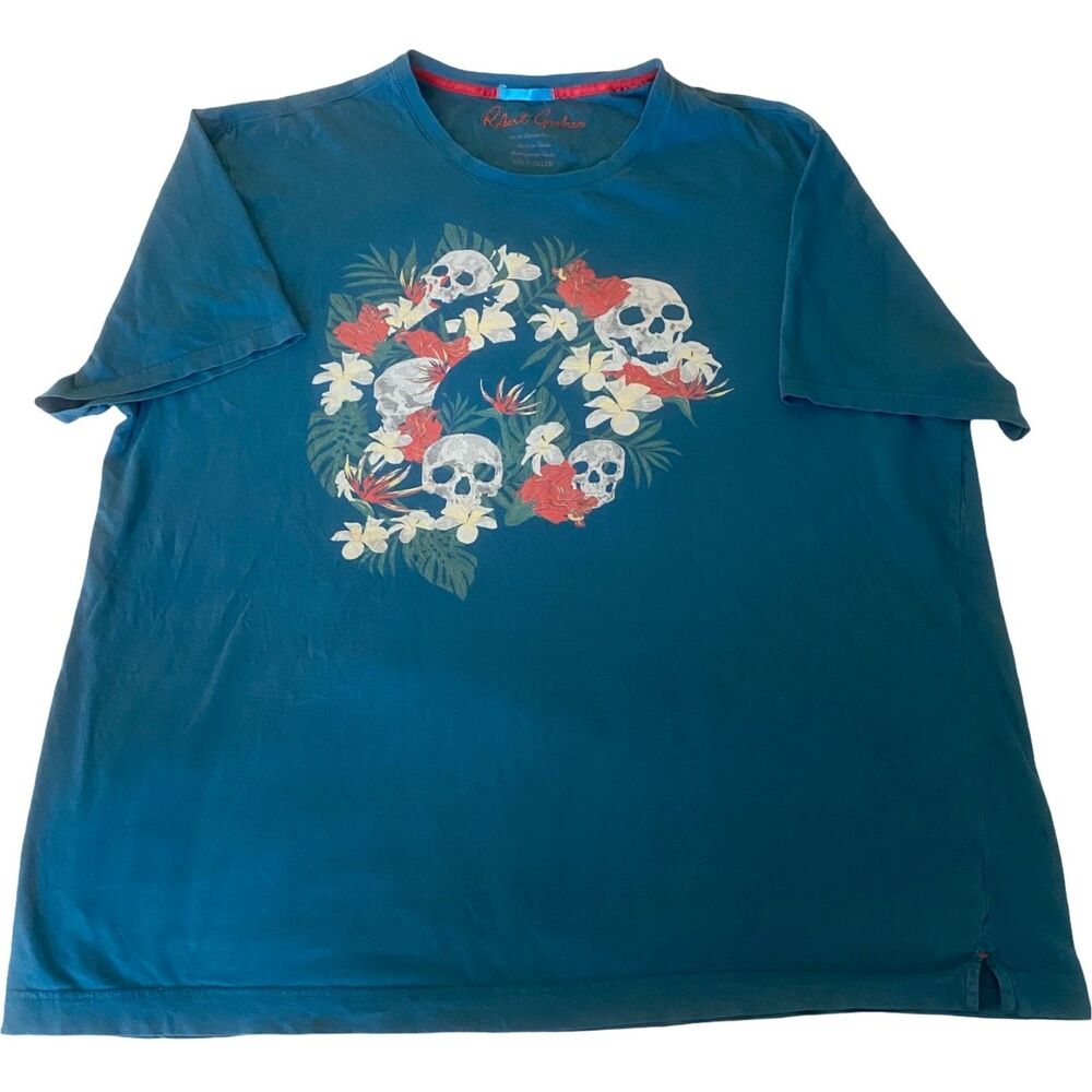 Robert Graham Skull and Flowers Men's T Shirt 3XL Teal Cotton